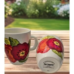 Pair Pier 1 Imports Mugs GRACE Floral Ironstone Poss Unused Poppies Ceramic